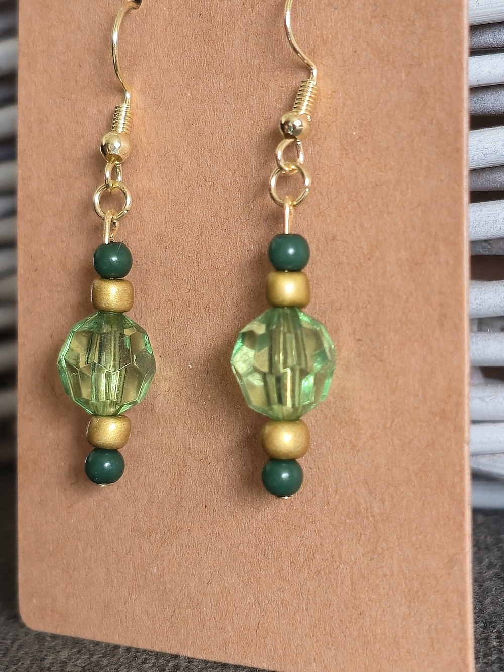 NWT Handmade Green and Gold Bead Drop Earrings